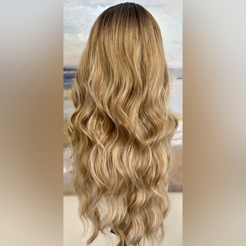 HAIR, 25” Long Wavy Layers, Center Part Bangs Ombre Med Brown/Blonde